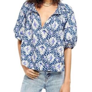 Free People Willow Printed Smocked Puff Sleeve Blouse
